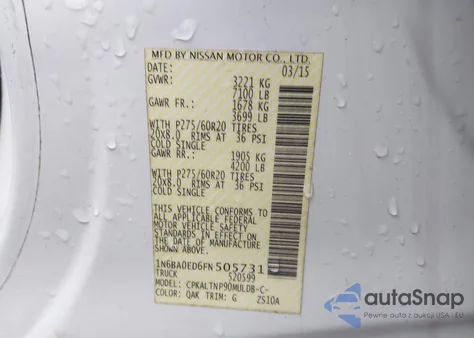 2015 Nissan Titan Sv z USA, uszkodzony, nr VIN 1N6BA0ED6FN505731